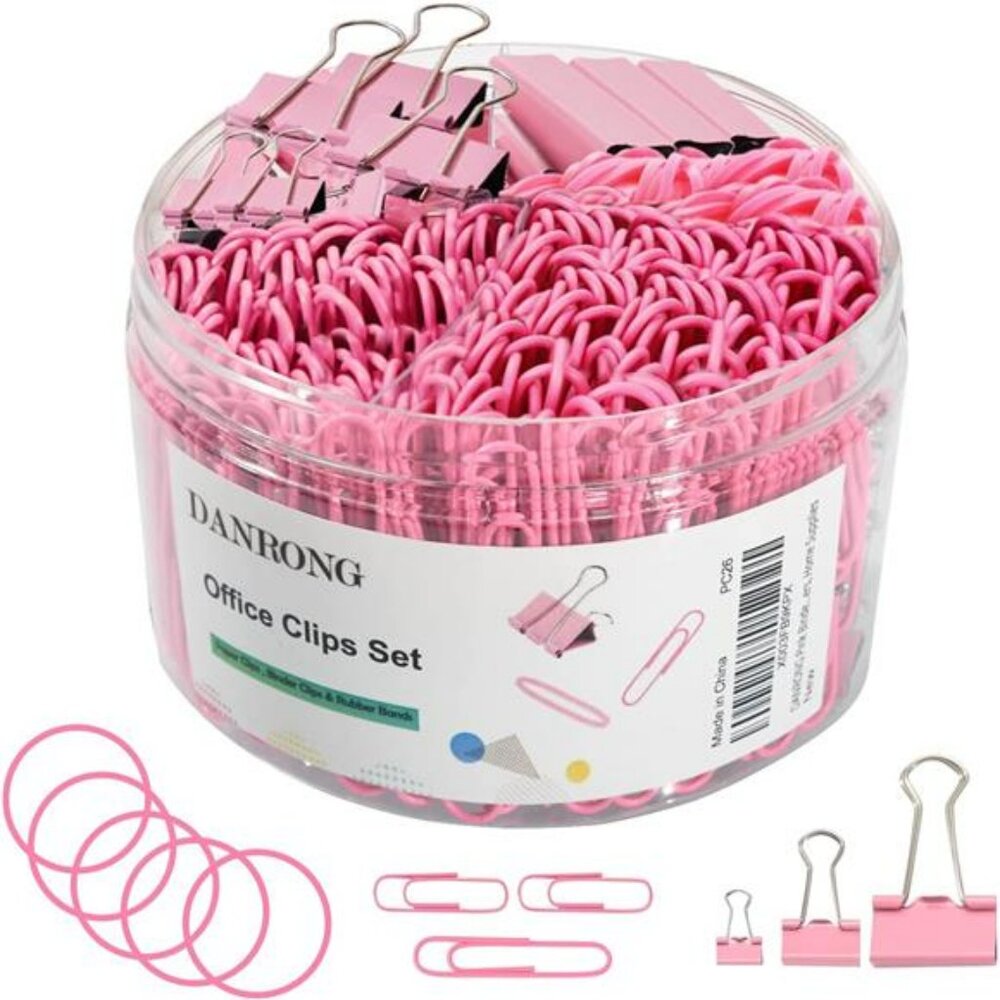 Pink binder clips paper clips rubber bands set 380 pcs office school supplies